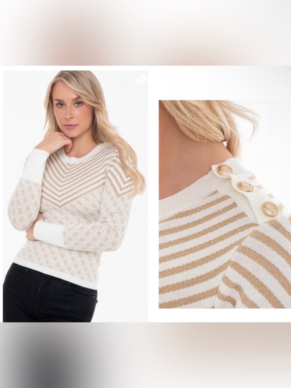 NWT - Guess Chevron Pattern Cream Gold Crew Neck Button-Shoulder Sweater